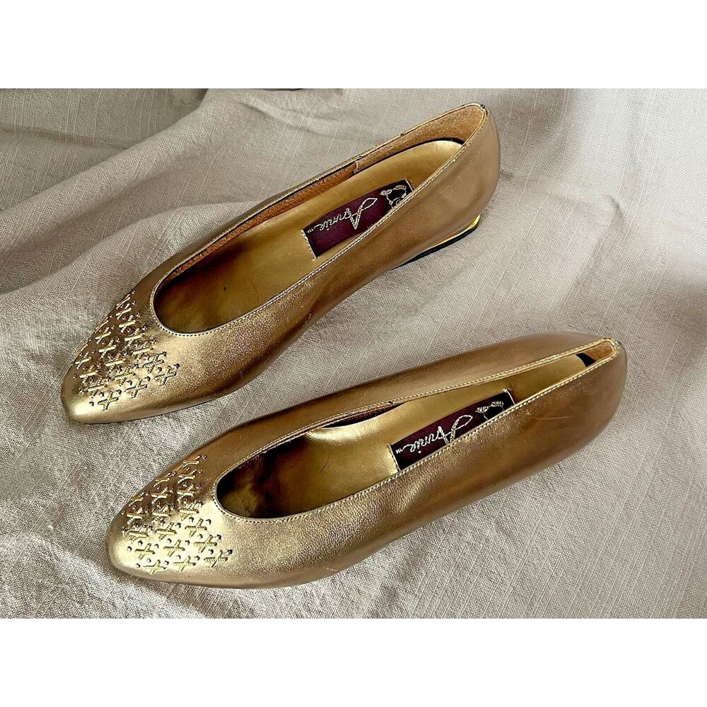 vtg 80 Annie gold slip on loafer block heel pump shoes xoxo‎ metallic retro 7M